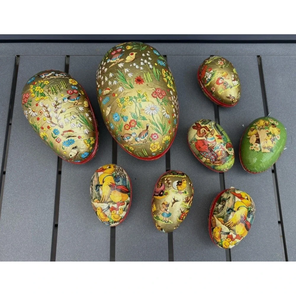 Vintage paper mache Easter eggs candy containers Germany flowers ducks rabbits